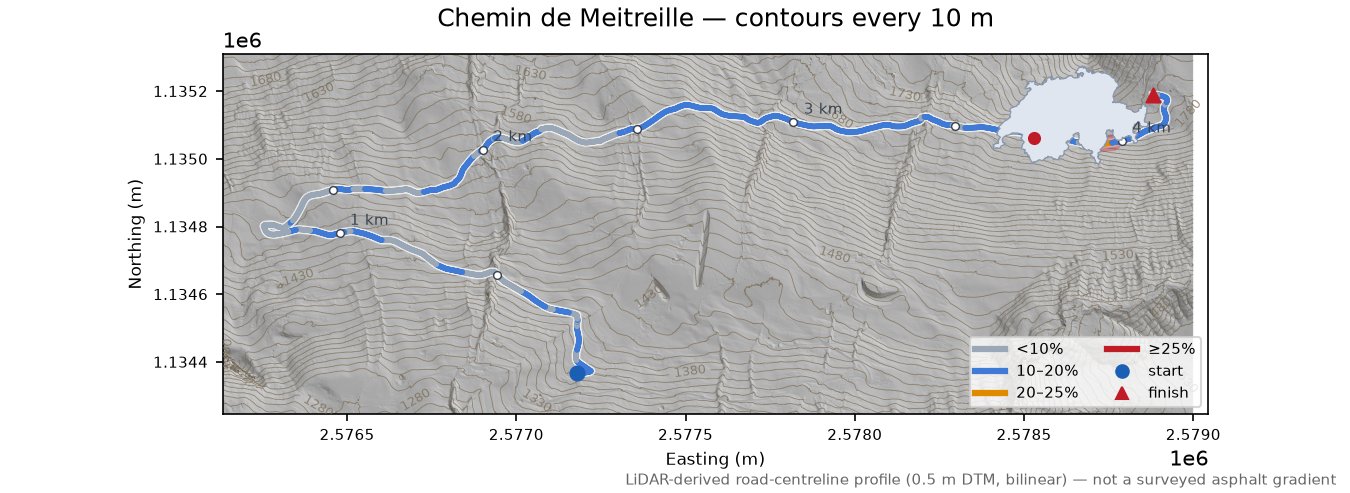 Chemin de Meitreille LiDAR hillshade map with contours