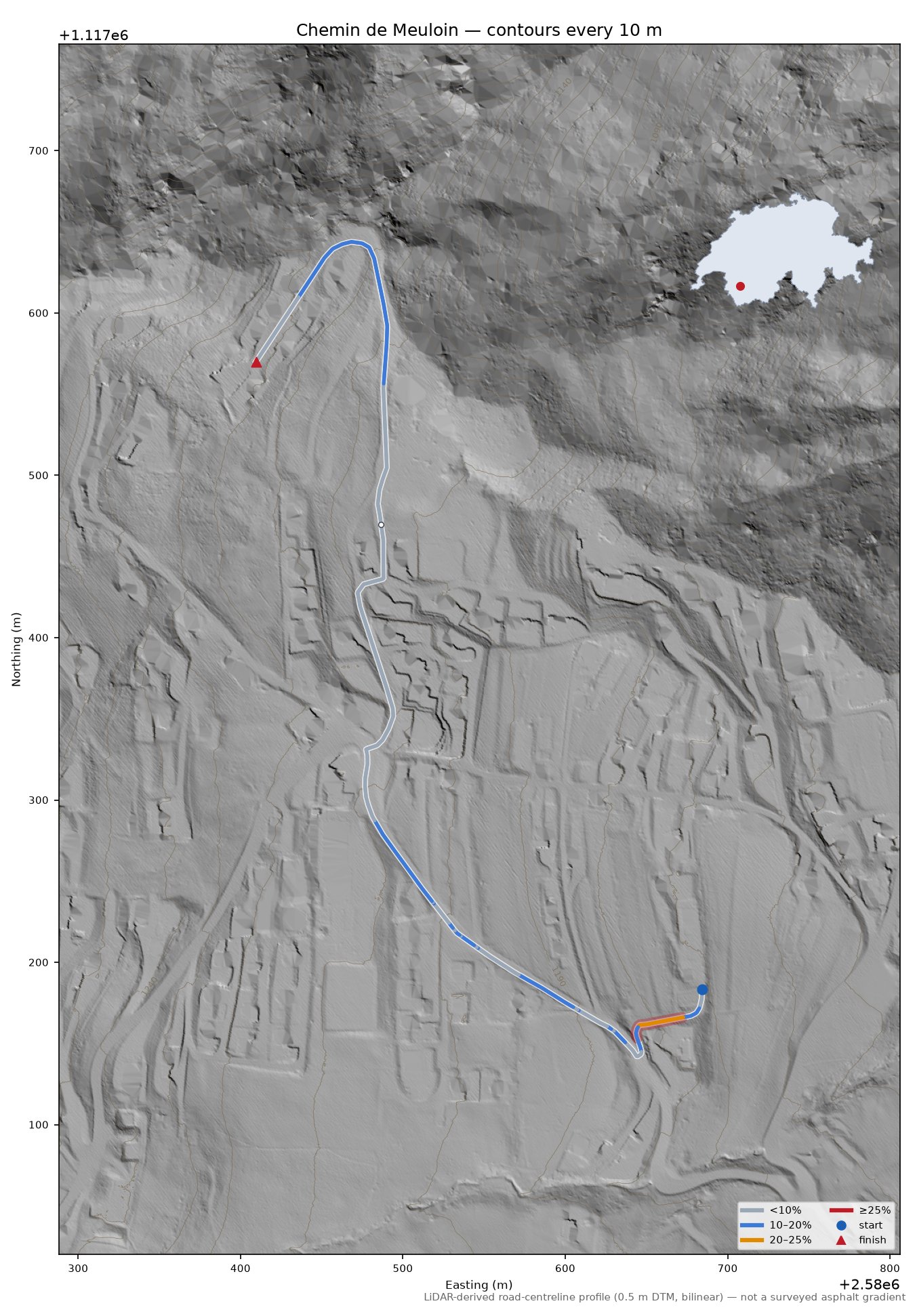 Chemin de Meuloin LiDAR hillshade map with contours