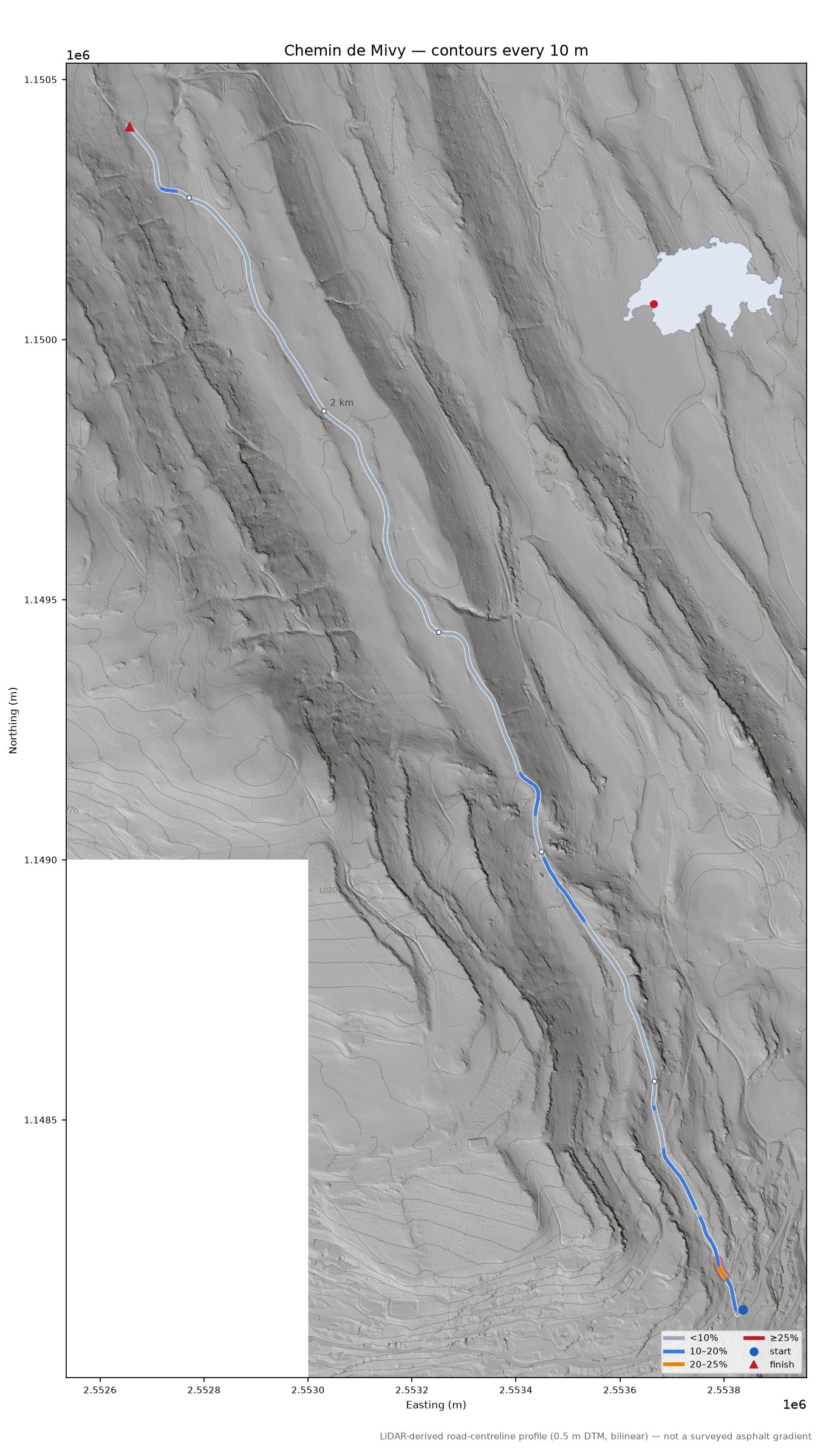 Chemin de Mivy LiDAR hillshade map with contours