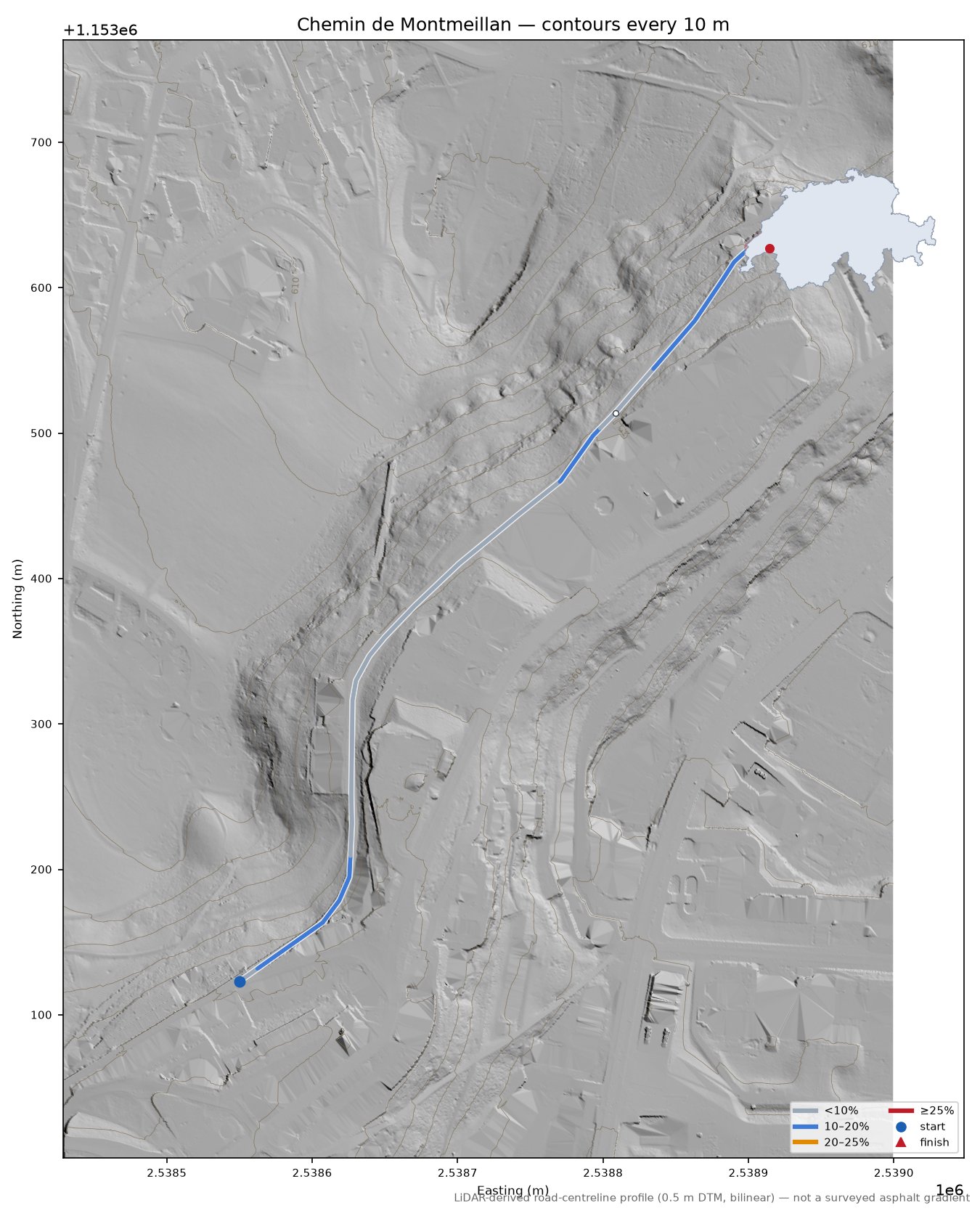 Chemin de Montmeillan LiDAR hillshade map with contours