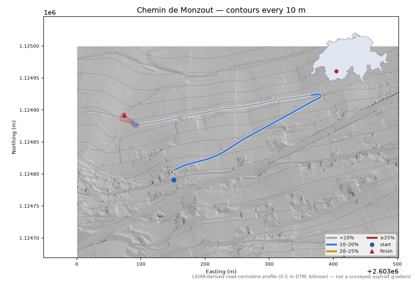 Chemin de Monzout LiDAR hillshade map with contours