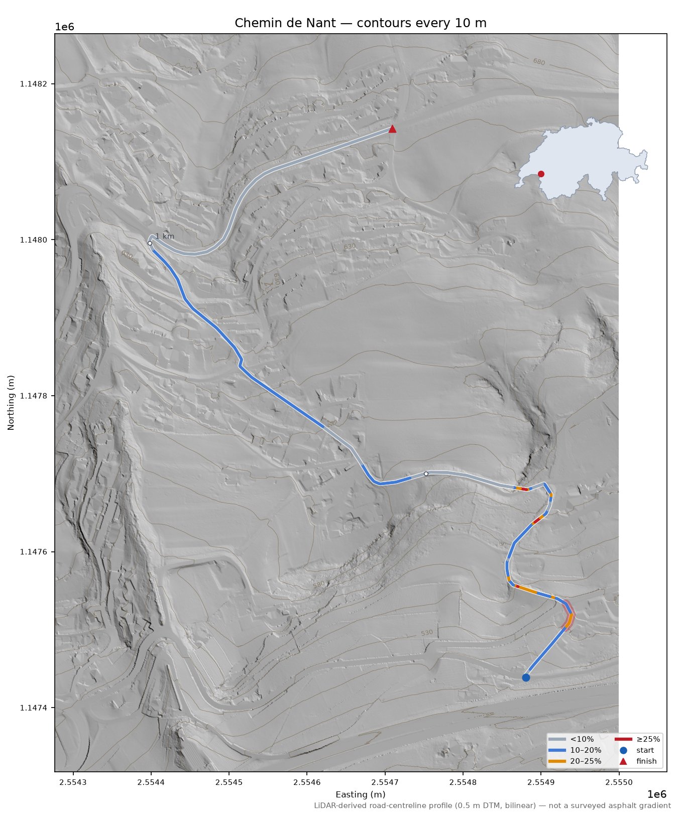 Chemin de Nant LiDAR hillshade map with contours