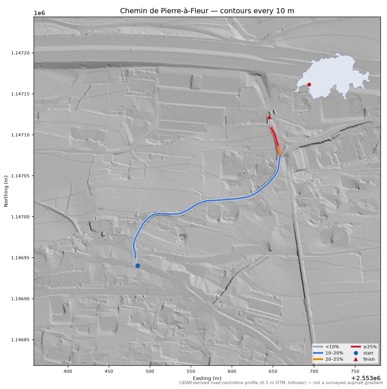 Chemin de Pierre-à-Fleur LiDAR hillshade map with contours