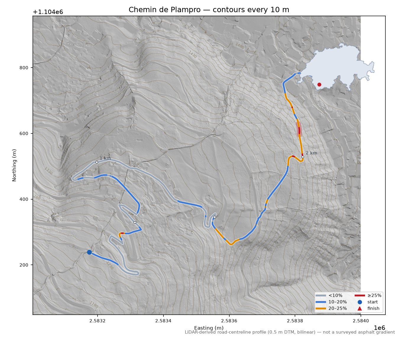 Chemin de Plampro LiDAR hillshade map with contours