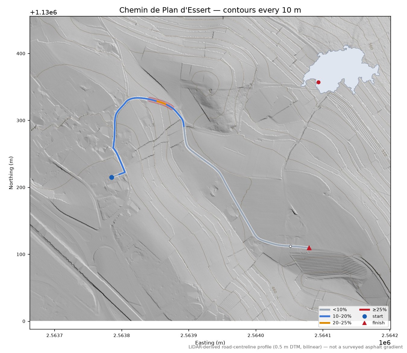 Chemin de Plan d'Essert LiDAR hillshade map with contours