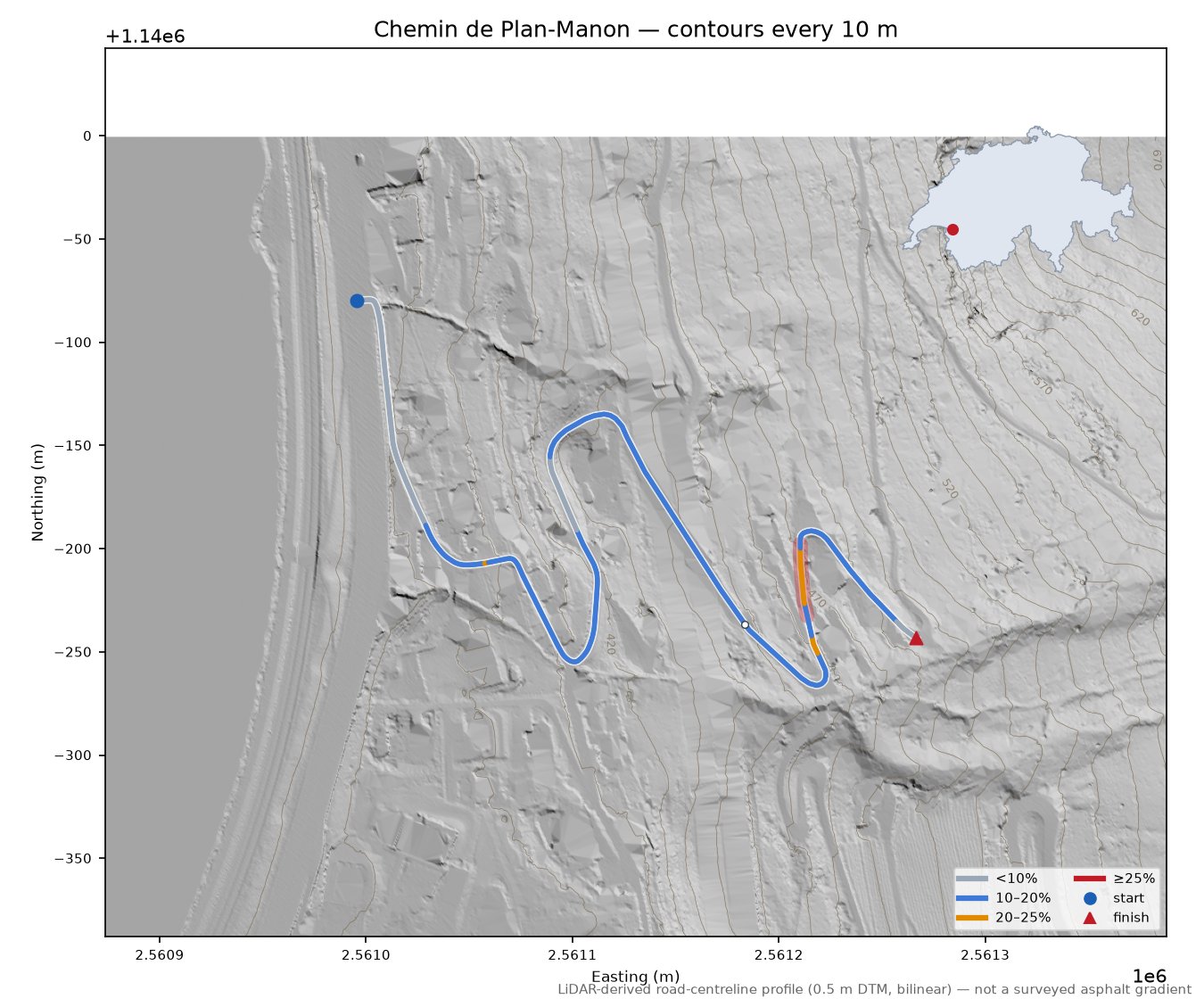 Chemin de Plan-Manon LiDAR hillshade map with contours