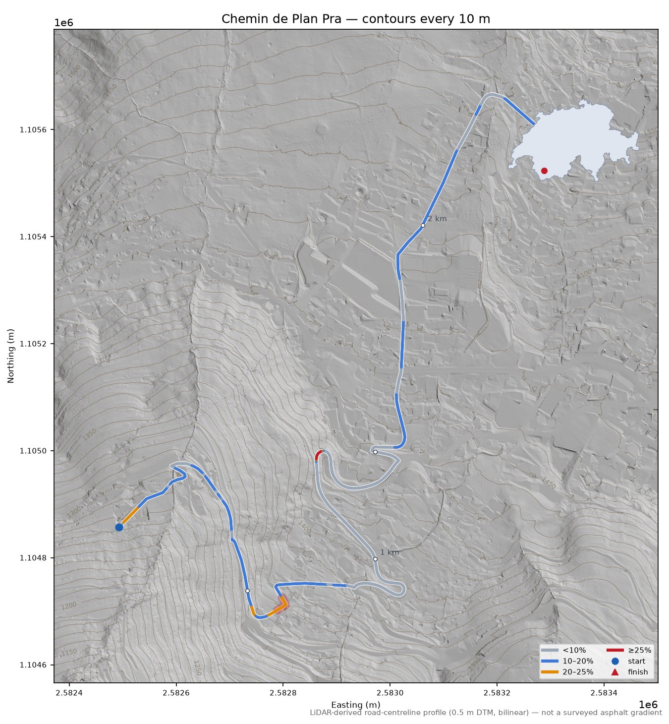 Chemin de Plan Pra LiDAR hillshade map with contours
