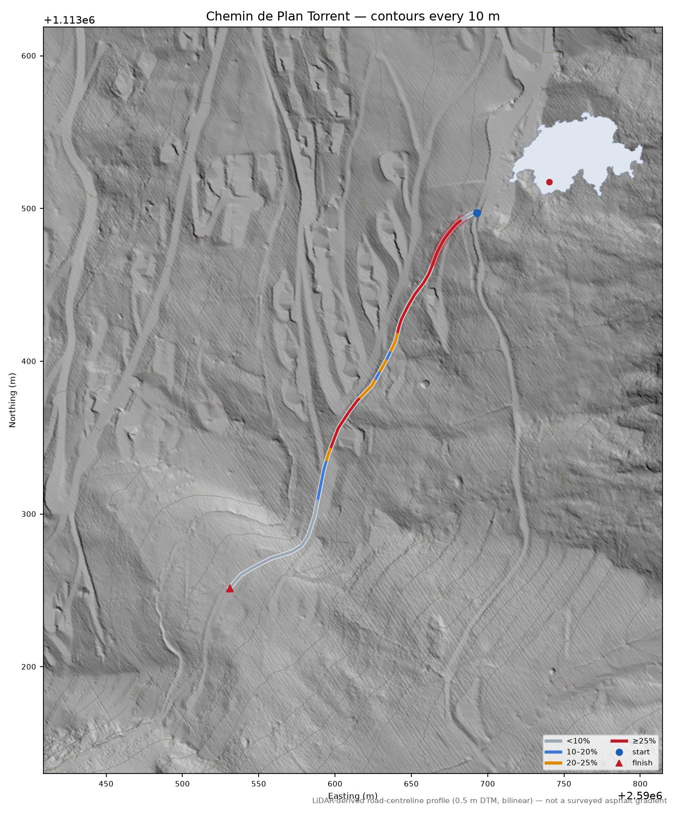 Chemin de Plan Torrent LiDAR hillshade map with contours