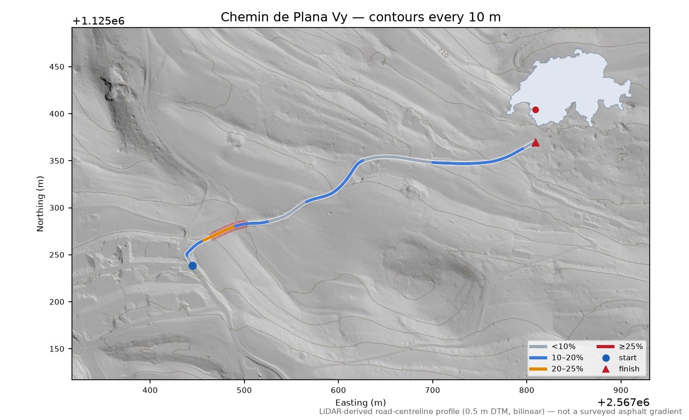 Chemin de Plana Vy LiDAR hillshade map with contours