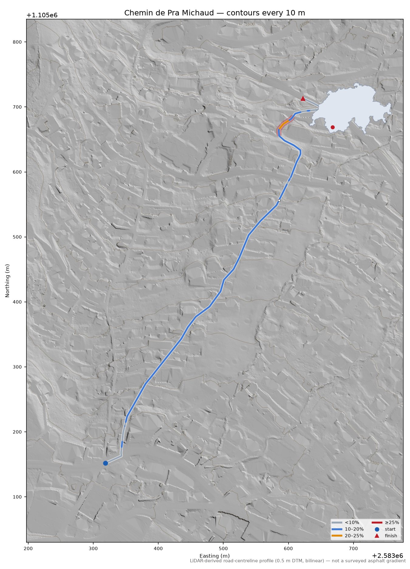 Chemin de Pra Michaud LiDAR hillshade map with contours