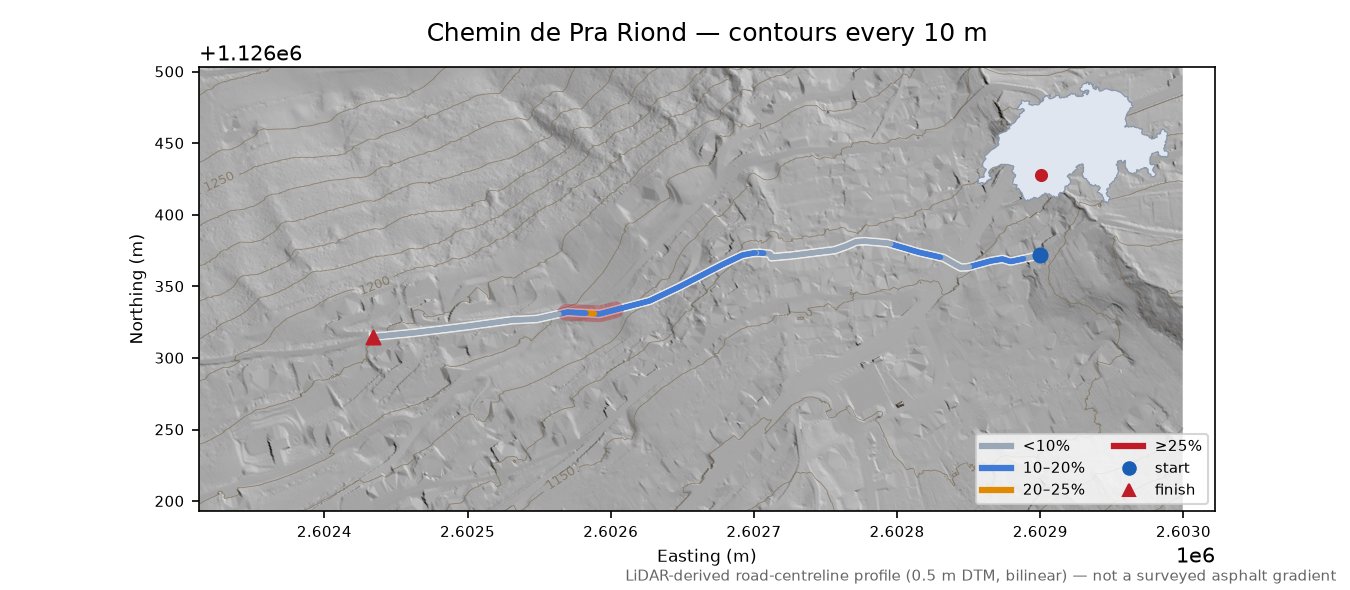 Chemin de Pra Riond LiDAR hillshade map with contours