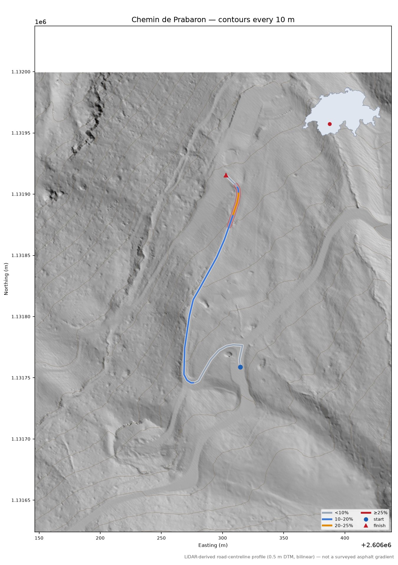 Chemin de Prabaron LiDAR hillshade map with contours