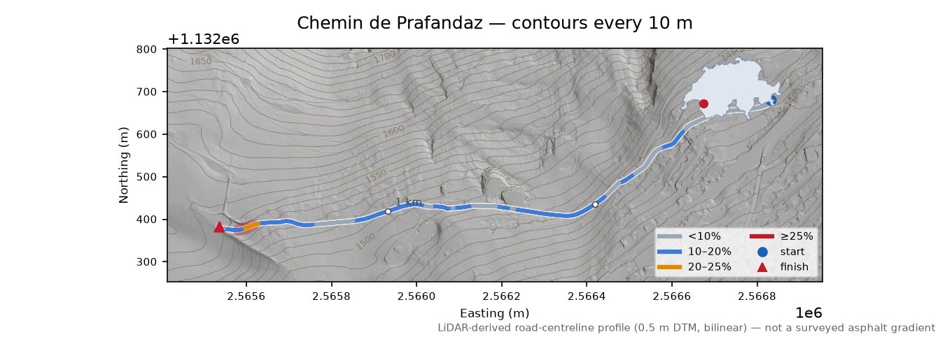 Chemin de Prafandaz LiDAR hillshade map with contours