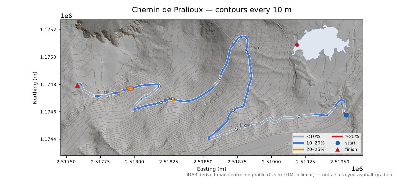 Chemin de Pralioux LiDAR hillshade map with contours