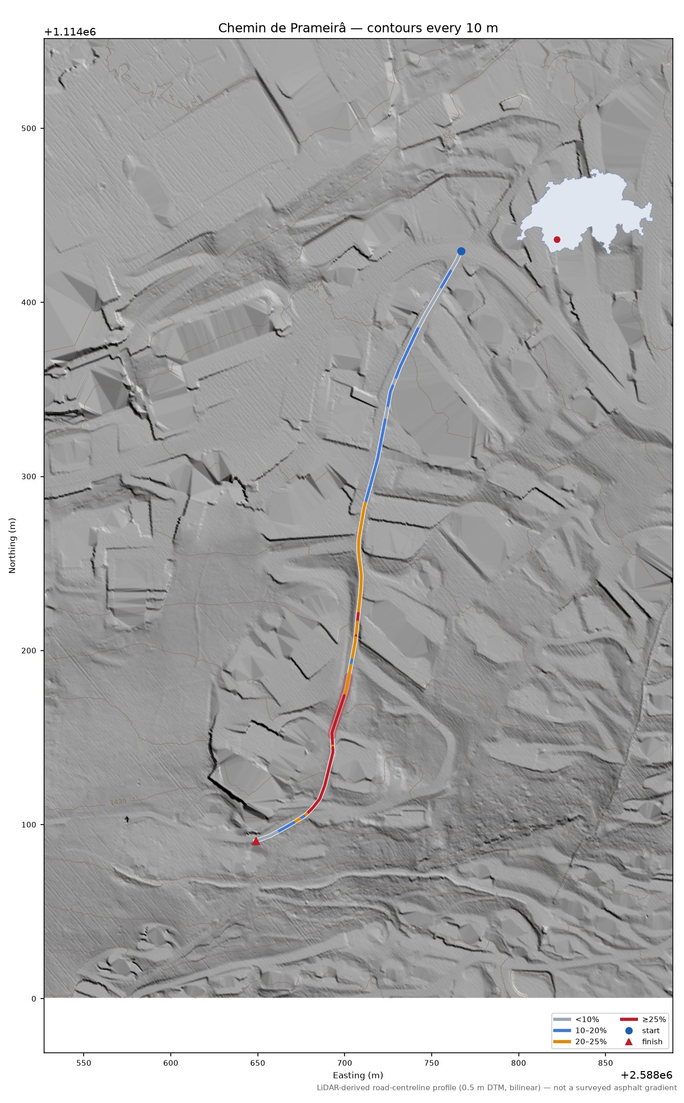 Chemin de Prameirâ LiDAR hillshade map with contours