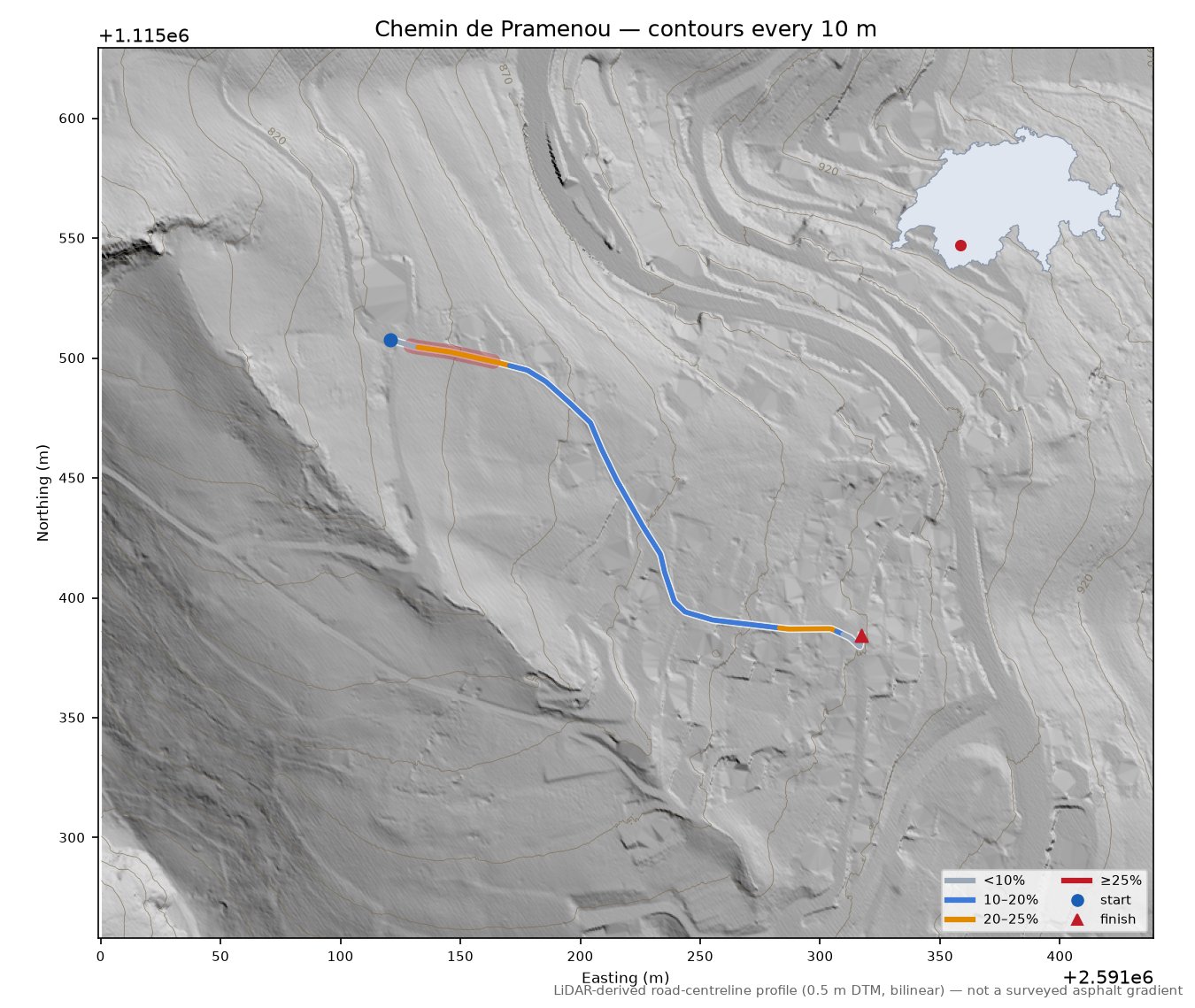 Chemin de Pramenou LiDAR hillshade map with contours