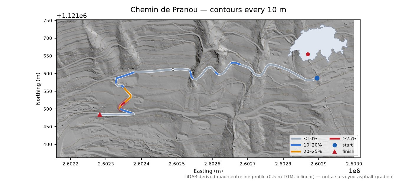 Chemin de Pranou LiDAR hillshade map with contours