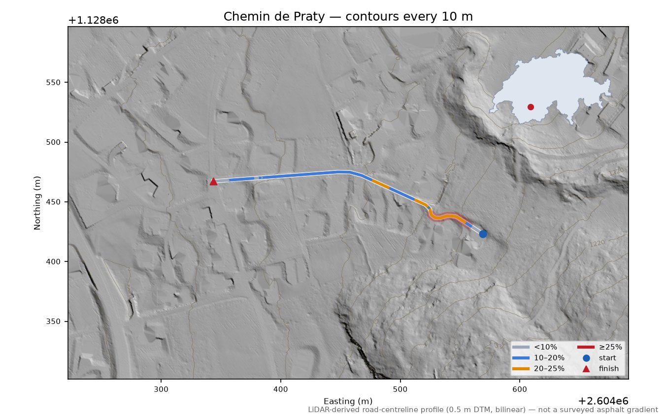 Chemin de Praty LiDAR hillshade map with contours