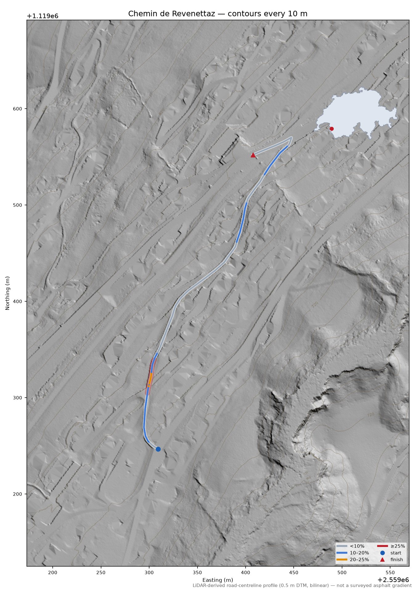 Chemin de Revenettaz LiDAR hillshade map with contours