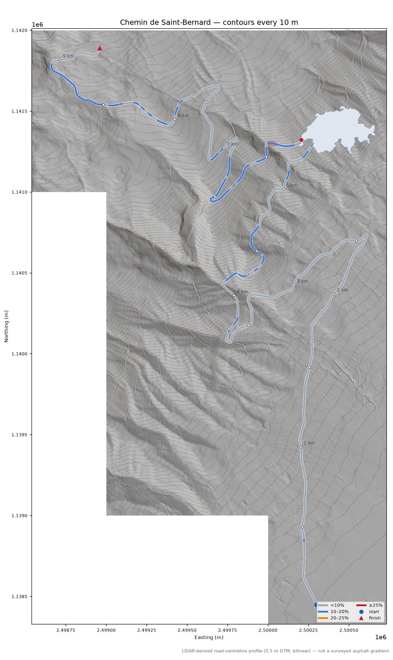 Chemin de Saint-Bernard LiDAR hillshade map with contours