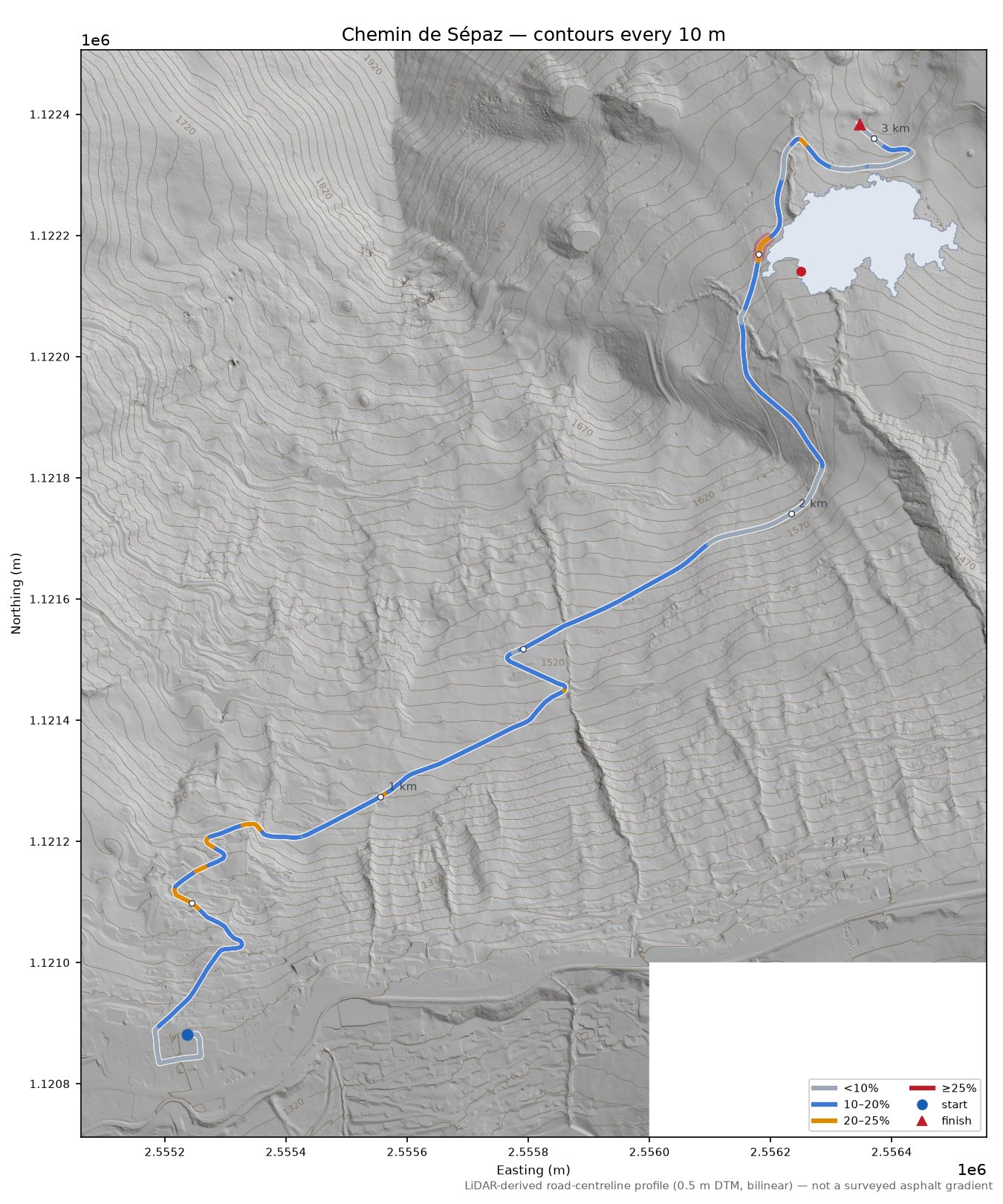 Chemin de Sépaz LiDAR hillshade map with contours