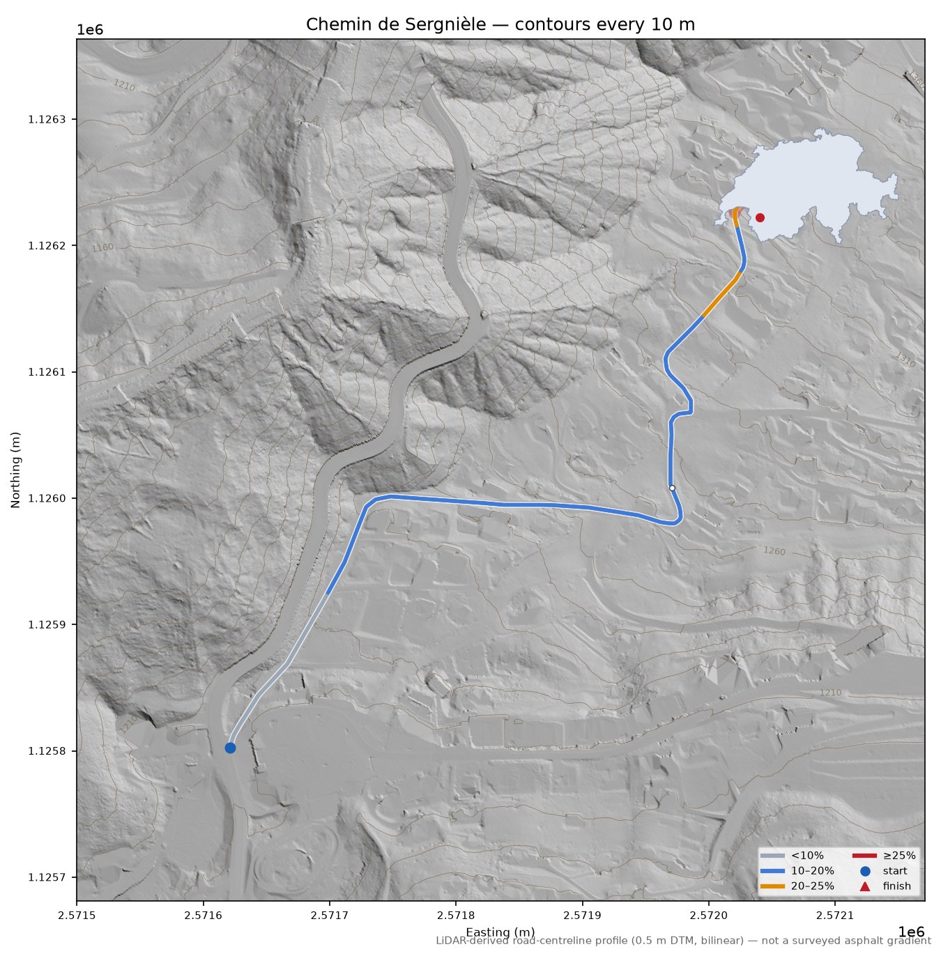 Chemin de Sergnièle LiDAR hillshade map with contours
