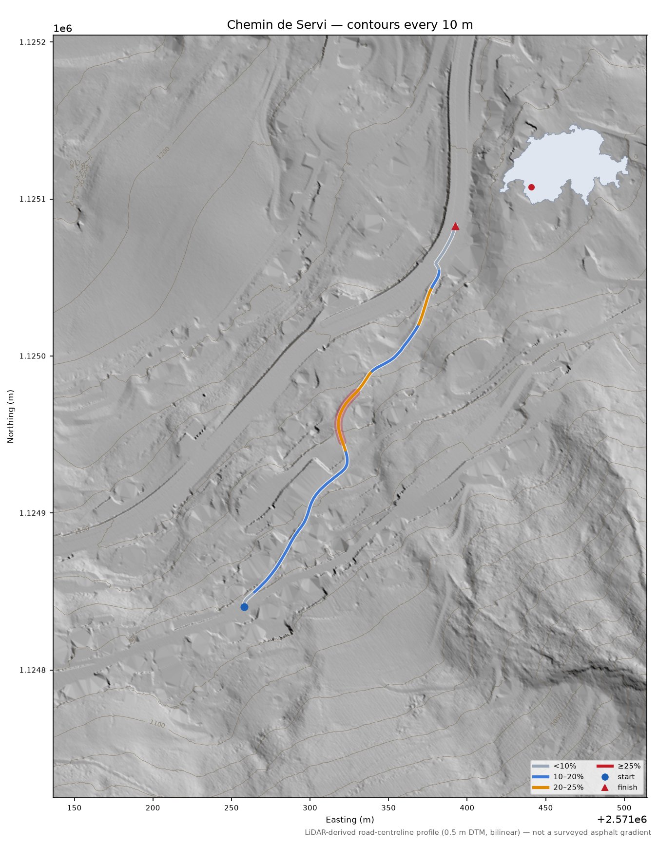 Chemin de Servi LiDAR hillshade map with contours