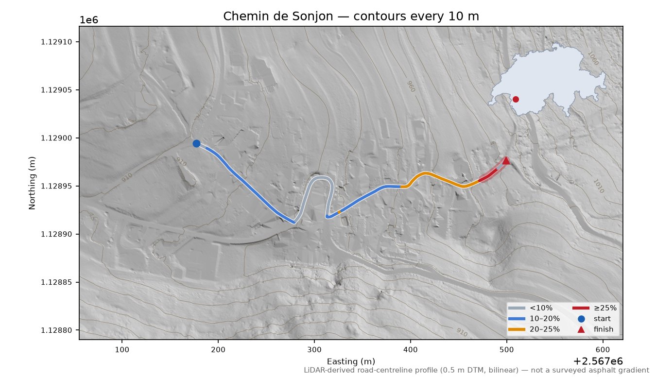 Chemin de Sonjon LiDAR hillshade map with contours