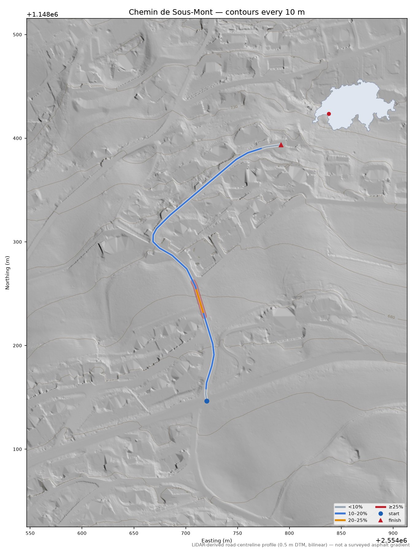 Chemin de Sous-Mont LiDAR hillshade map with contours