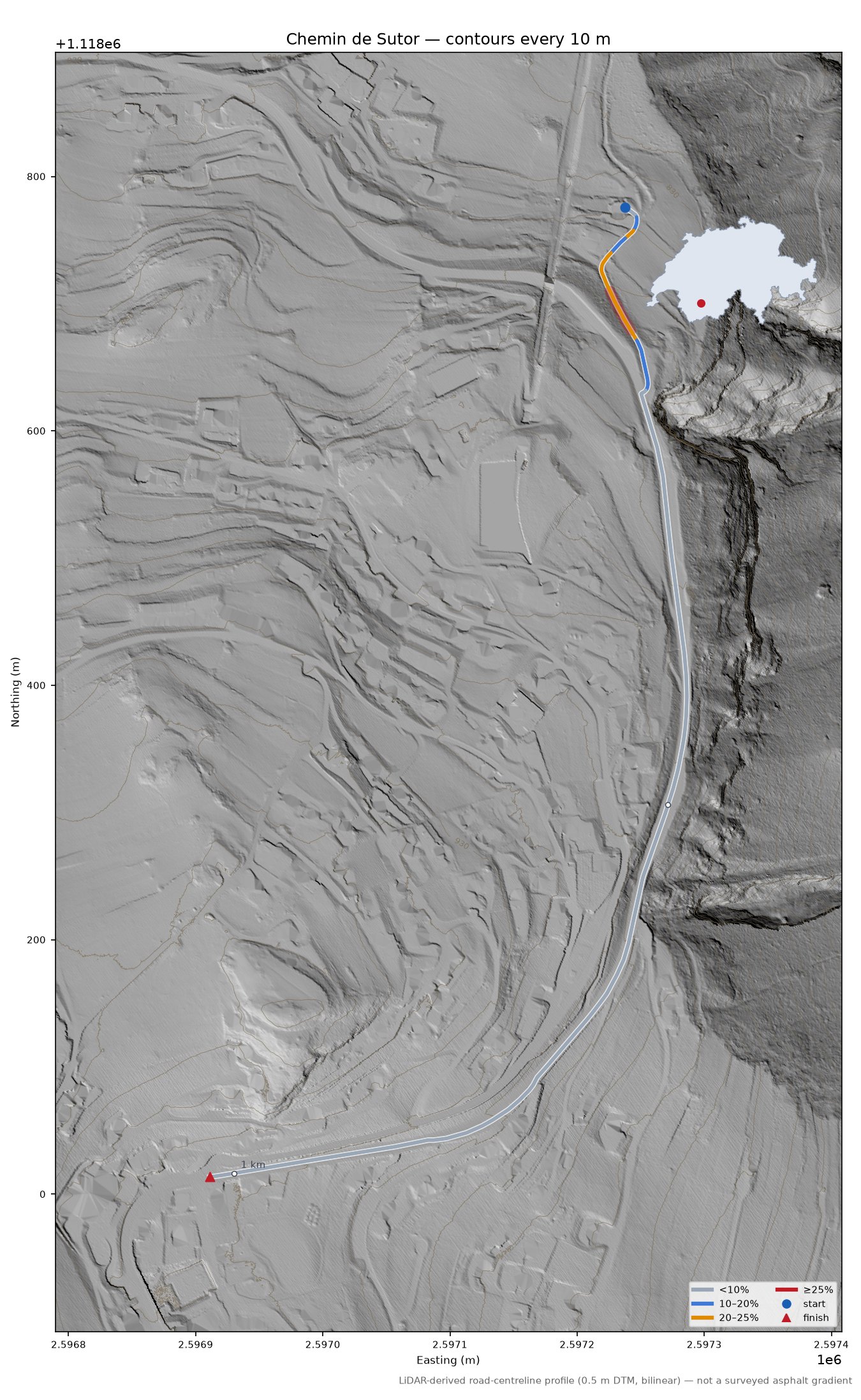 Chemin de Sutor LiDAR hillshade map with contours