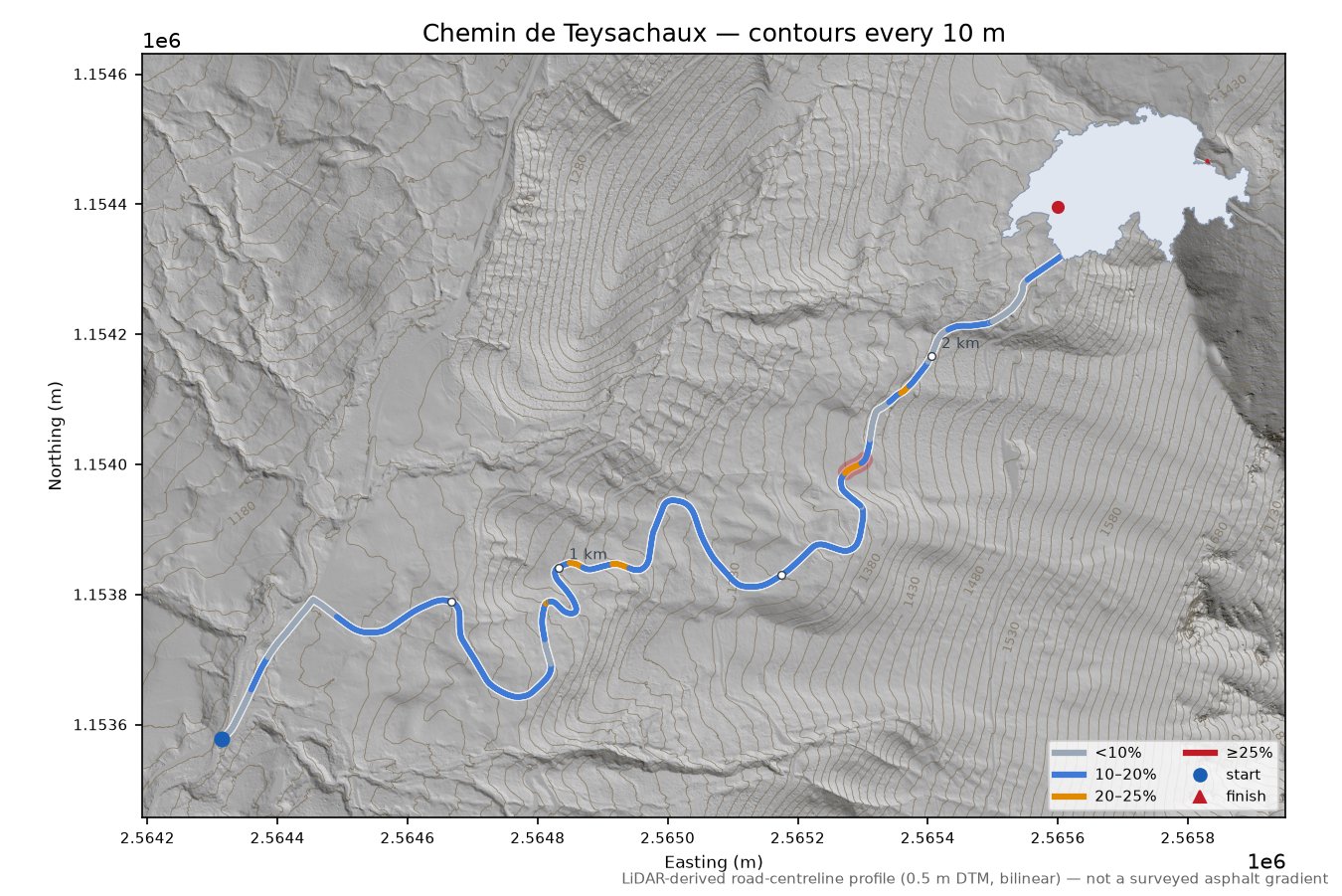 Chemin de Teysachaux LiDAR hillshade map with contours