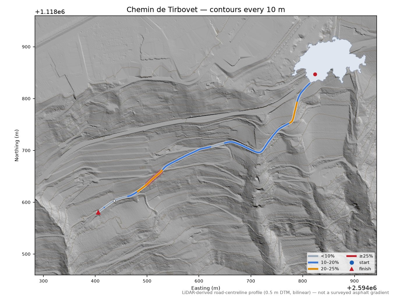 Chemin de Tirbovet LiDAR hillshade map with contours