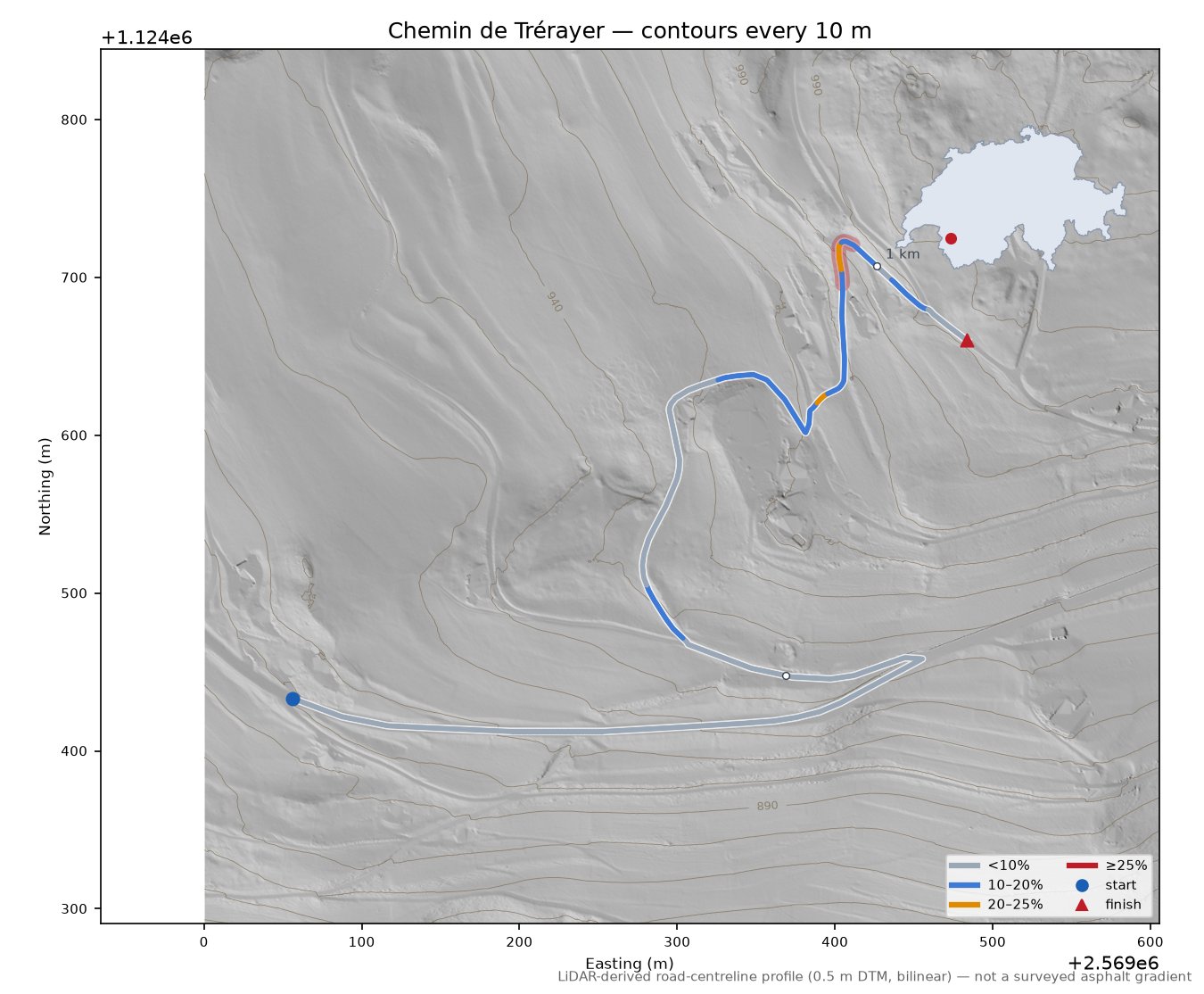 Chemin de Trérayer LiDAR hillshade map with contours