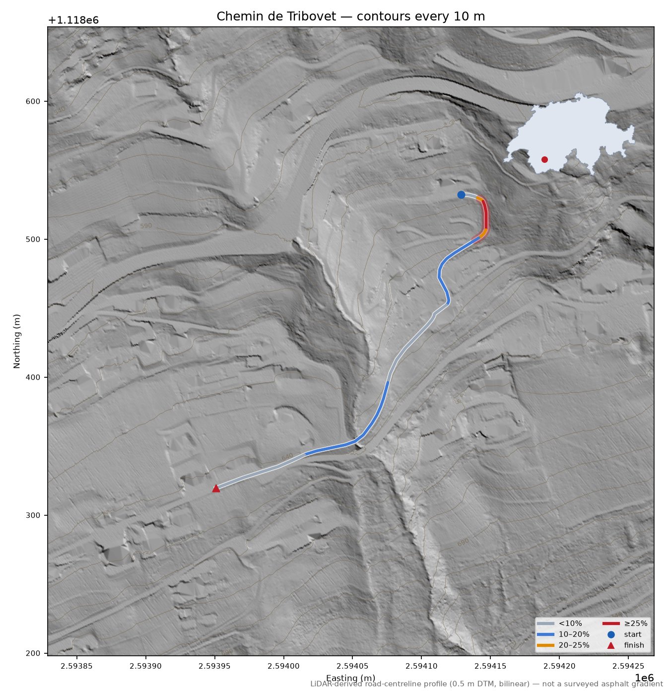 Chemin de Tribovet LiDAR hillshade map with contours