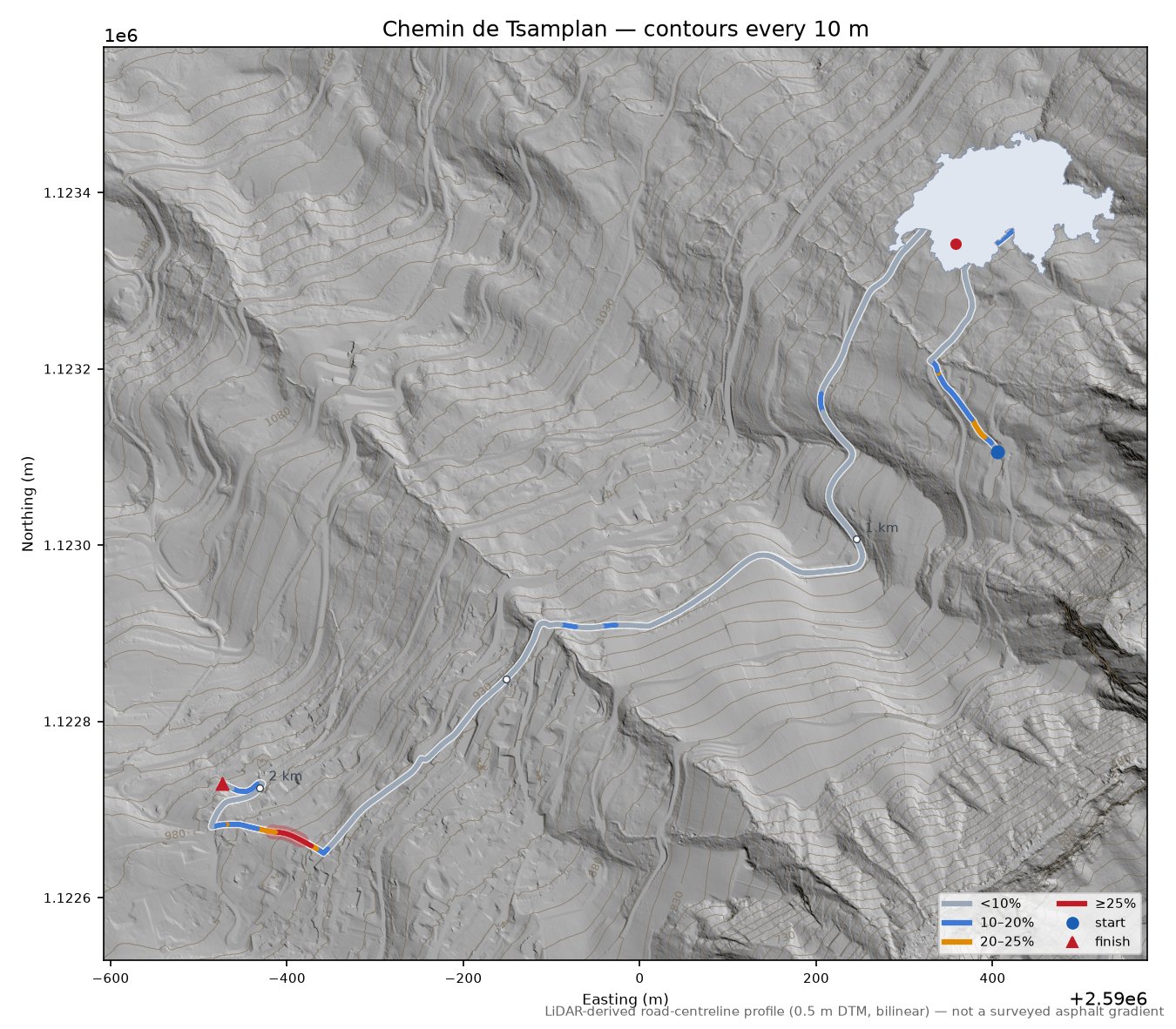Chemin de Tsamplan LiDAR hillshade map with contours