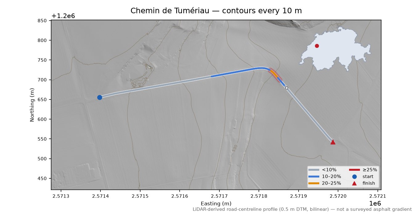 Chemin de Tumériau LiDAR hillshade map with contours