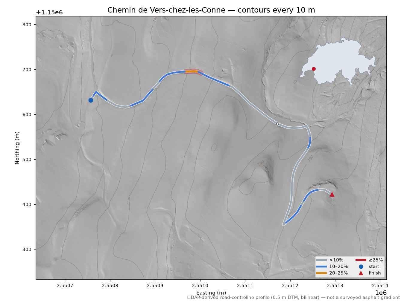 Chemin de Vers-chez-les-Conne LiDAR hillshade map with contours