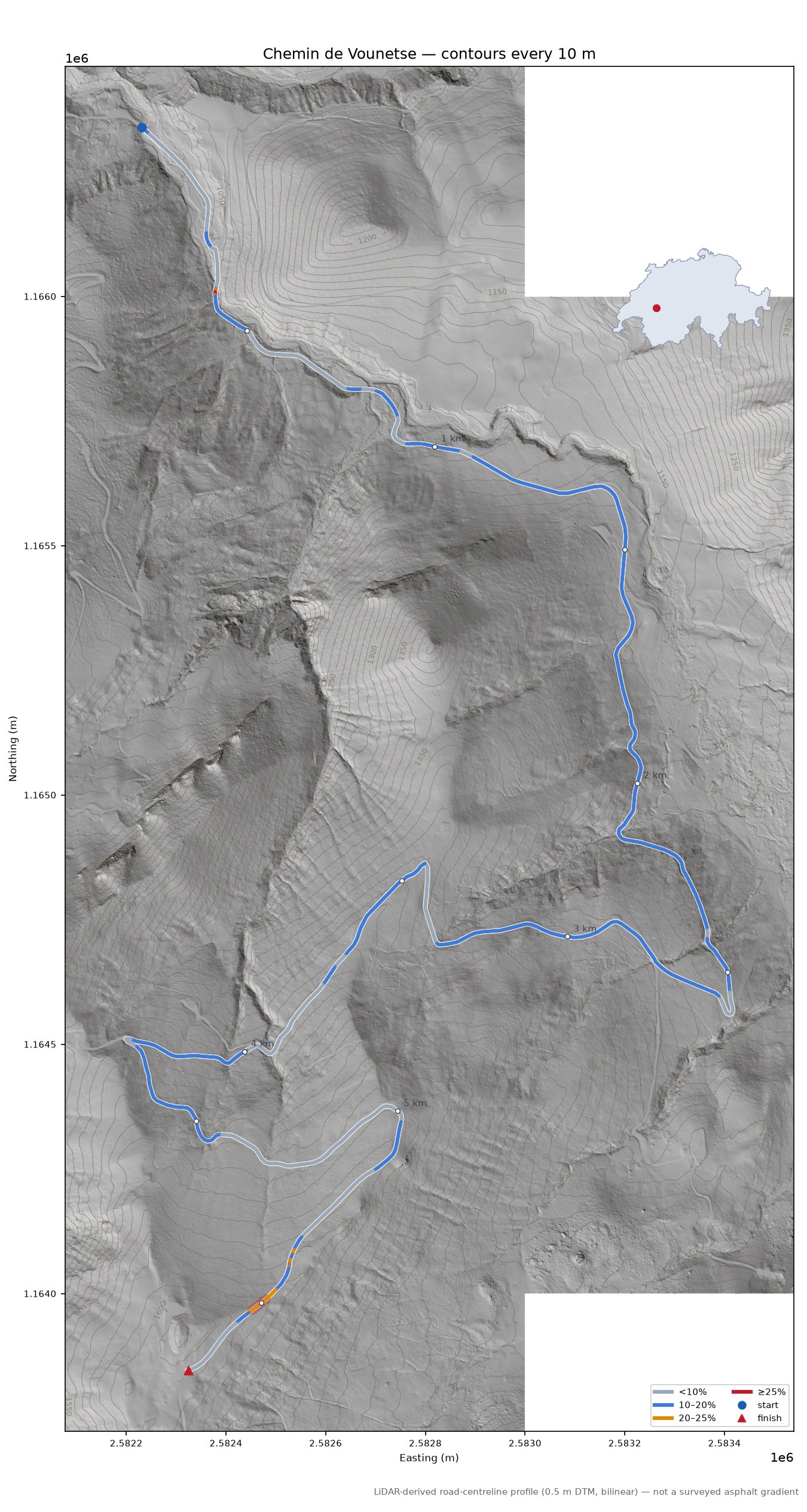 Chemin de Vounetse LiDAR hillshade map with contours