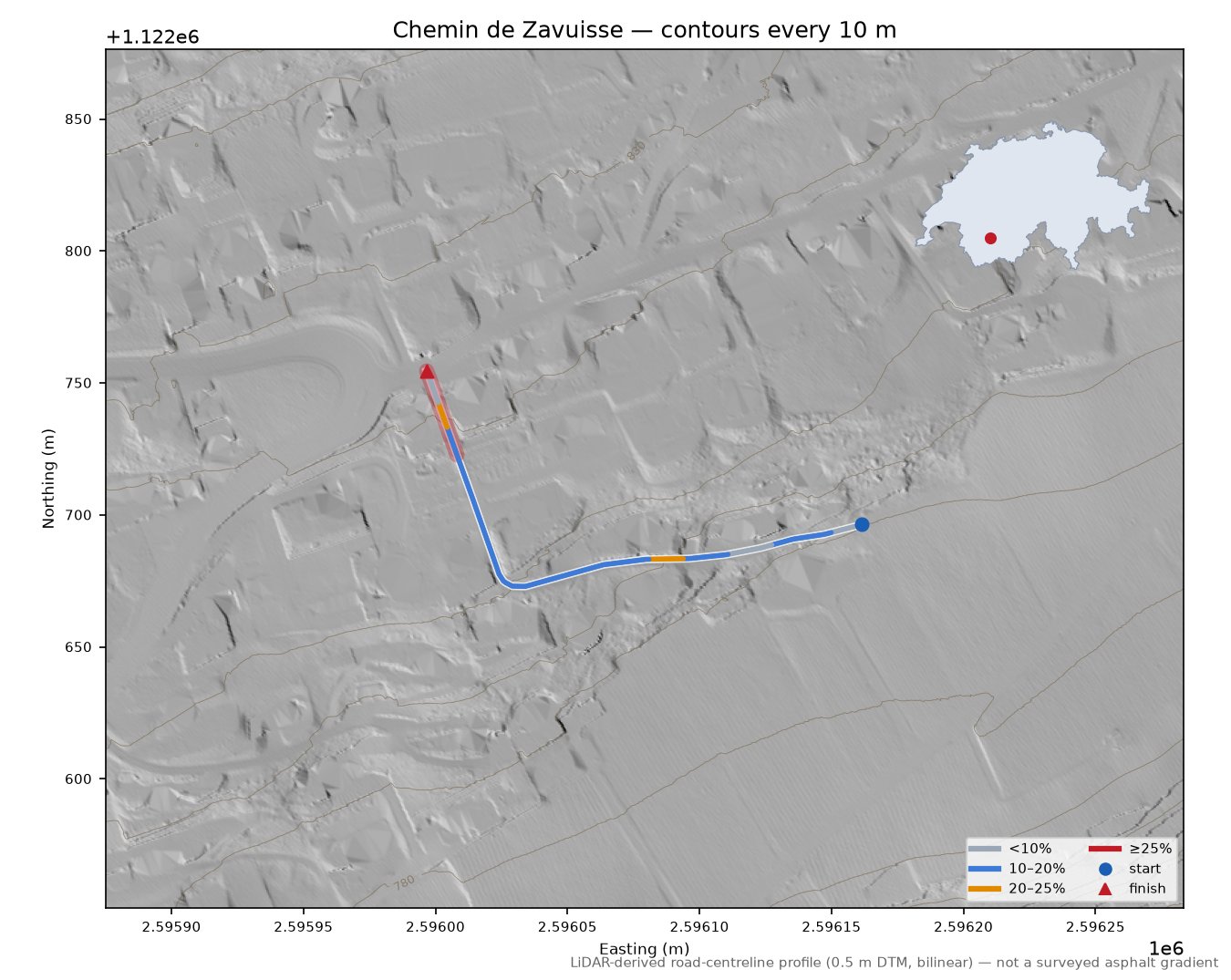Chemin de Zavuisse LiDAR hillshade map with contours