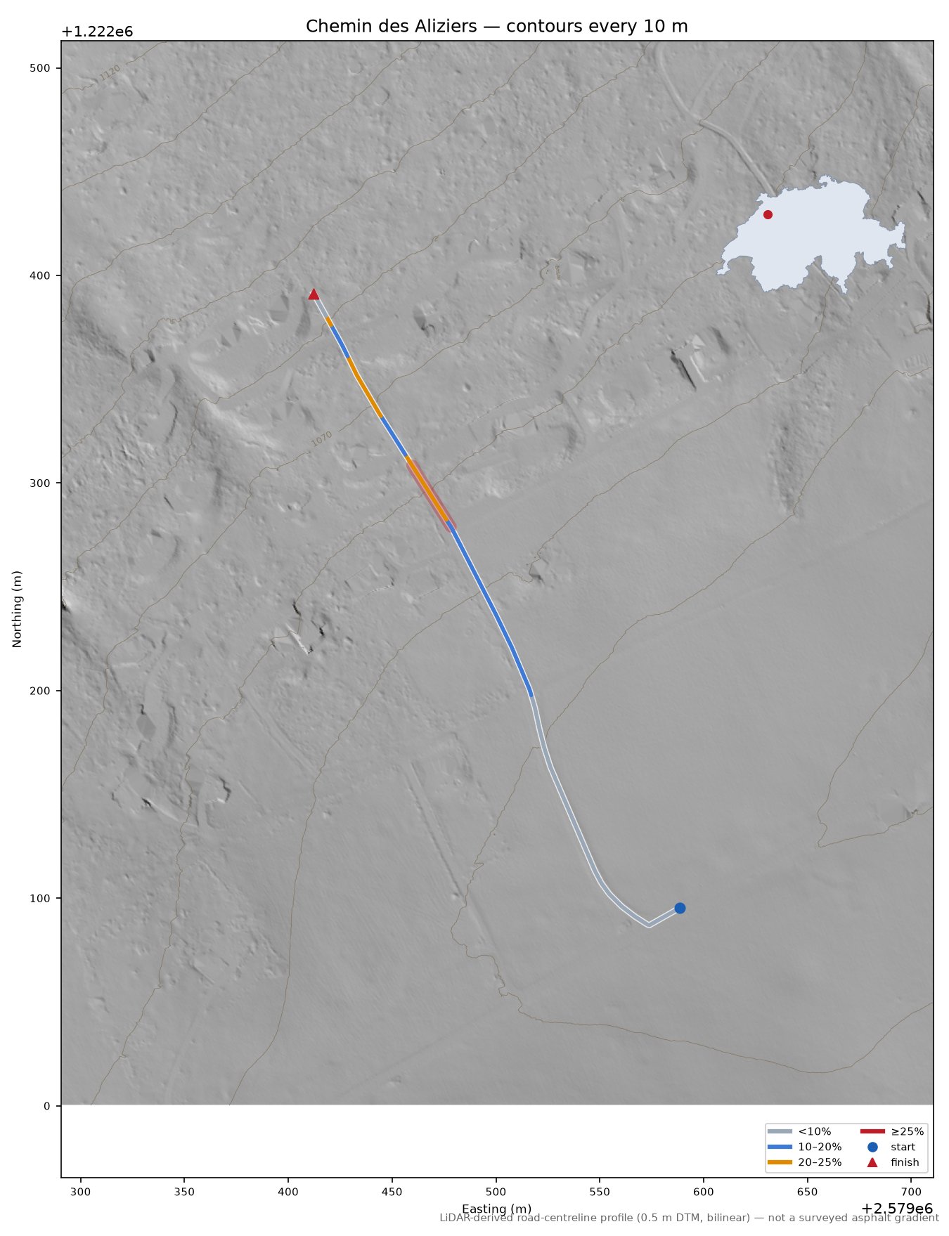 Chemin des Aliziers LiDAR hillshade map with contours