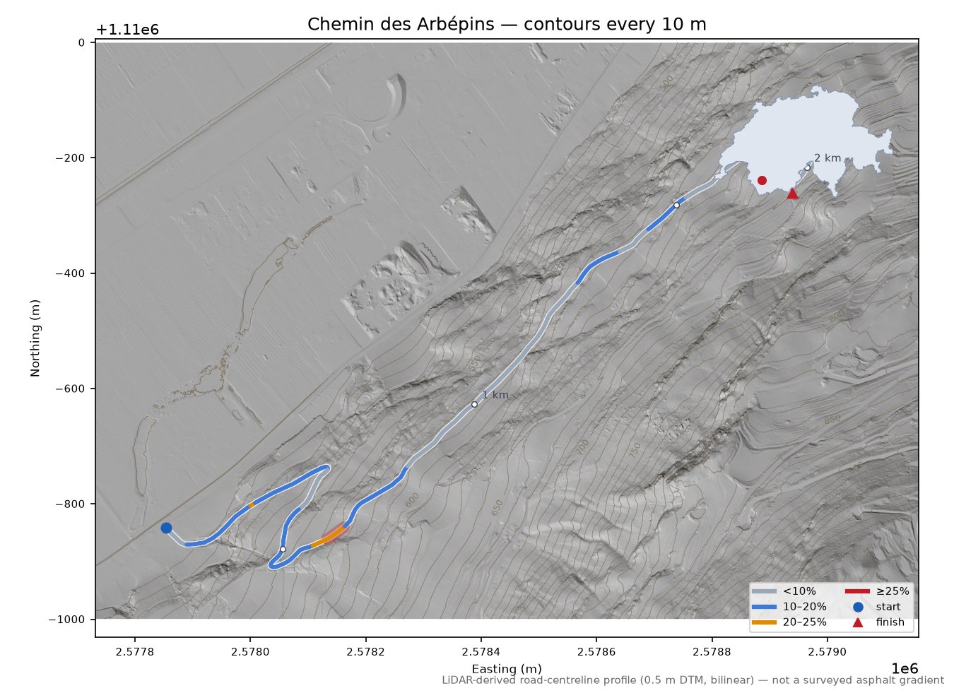 Chemin des Arbépins LiDAR hillshade map with contours