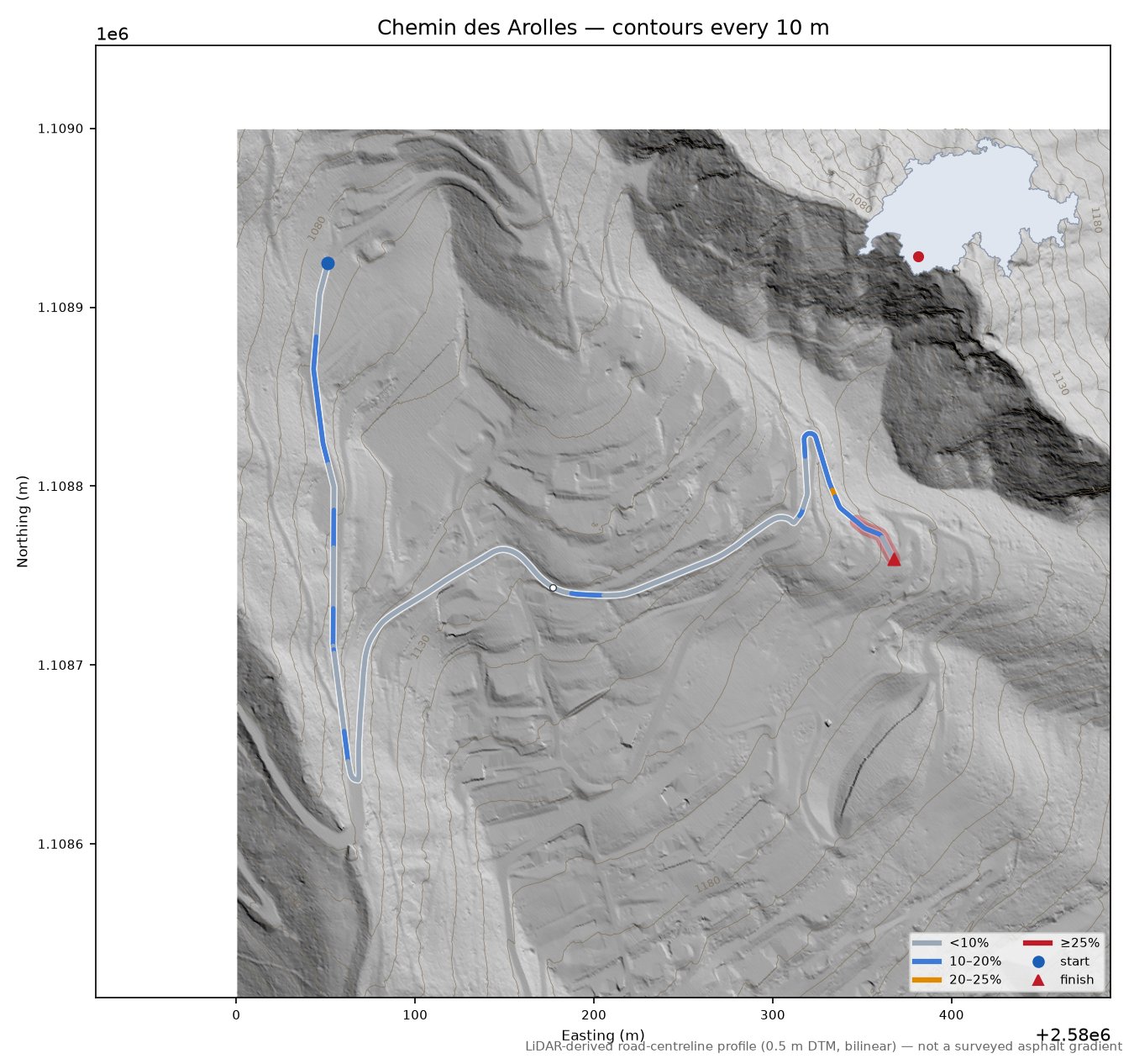 Chemin des Arolles LiDAR hillshade map with contours