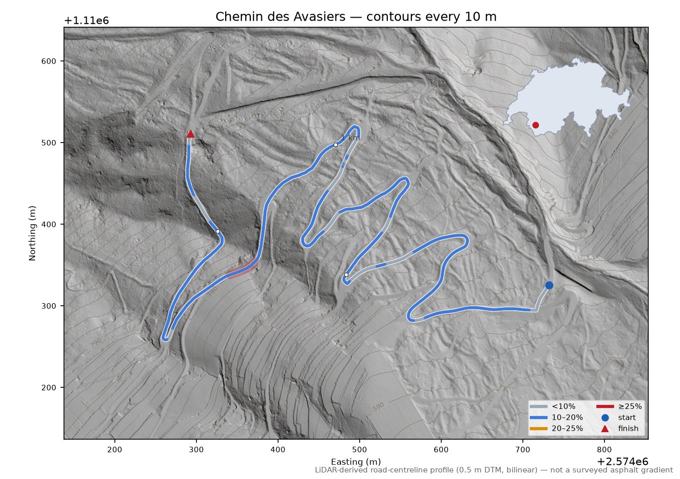 Chemin des Avasiers LiDAR hillshade map with contours