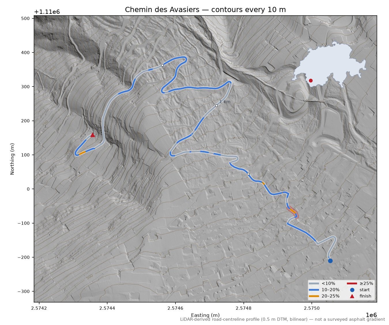 Chemin des Avasiers LiDAR hillshade map with contours