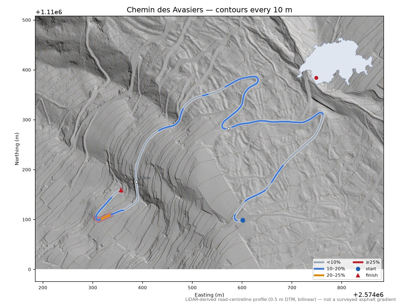 Chemin des Avasiers LiDAR hillshade map with contours