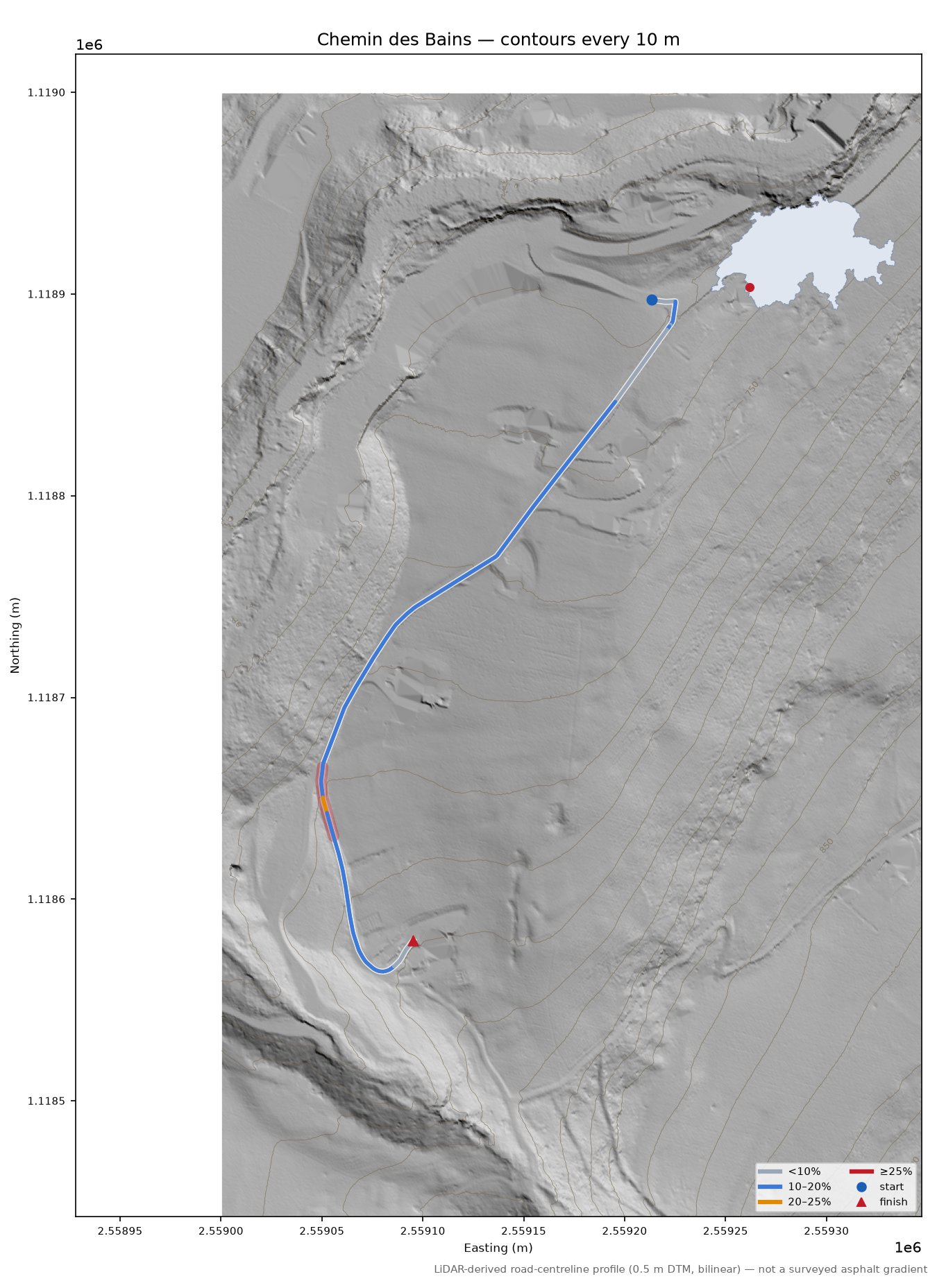 Chemin des Bains LiDAR hillshade map with contours