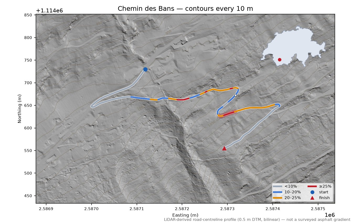 Chemin des Bans LiDAR hillshade map with contours