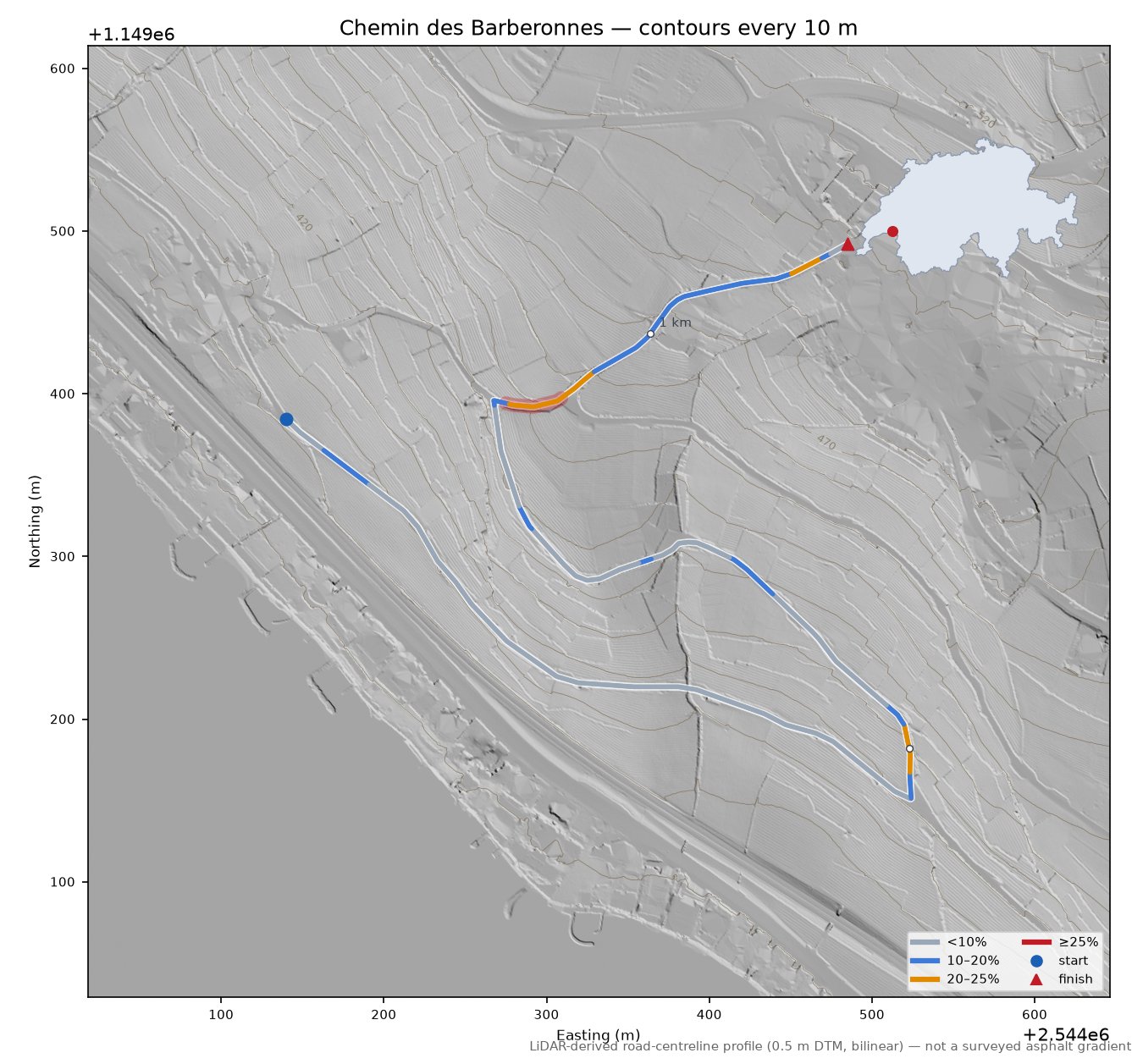 Chemin des Barberonnes LiDAR hillshade map with contours