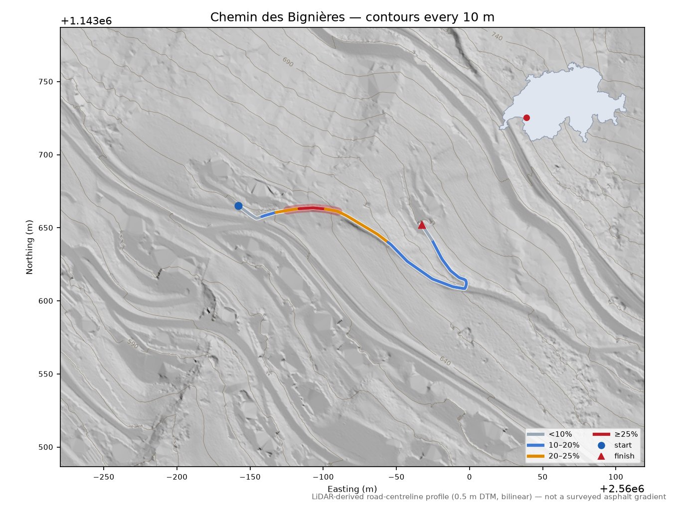 Chemin des Bignières LiDAR hillshade map with contours