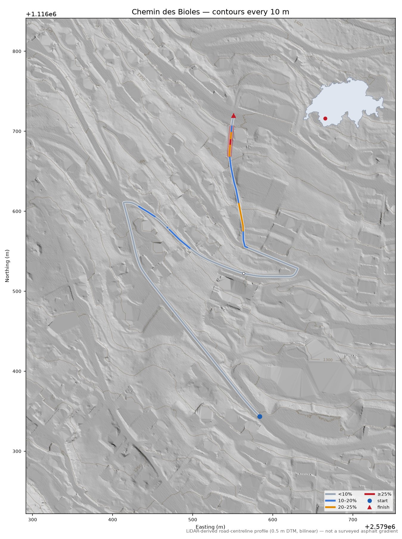 Chemin des Bioles LiDAR hillshade map with contours